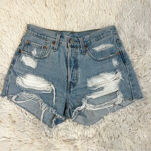 Levi's Button-fly 501 Distressed Ripped Light Blue Jean Shorts 26 Waist